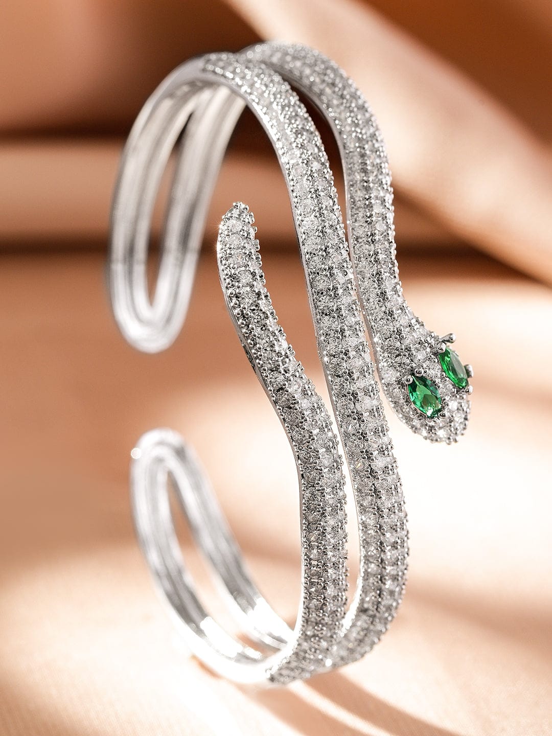 Rubans Rhodium-Plated Double Snake-Design Emerald & Cubic Zirconia Studded Openable Bracelet