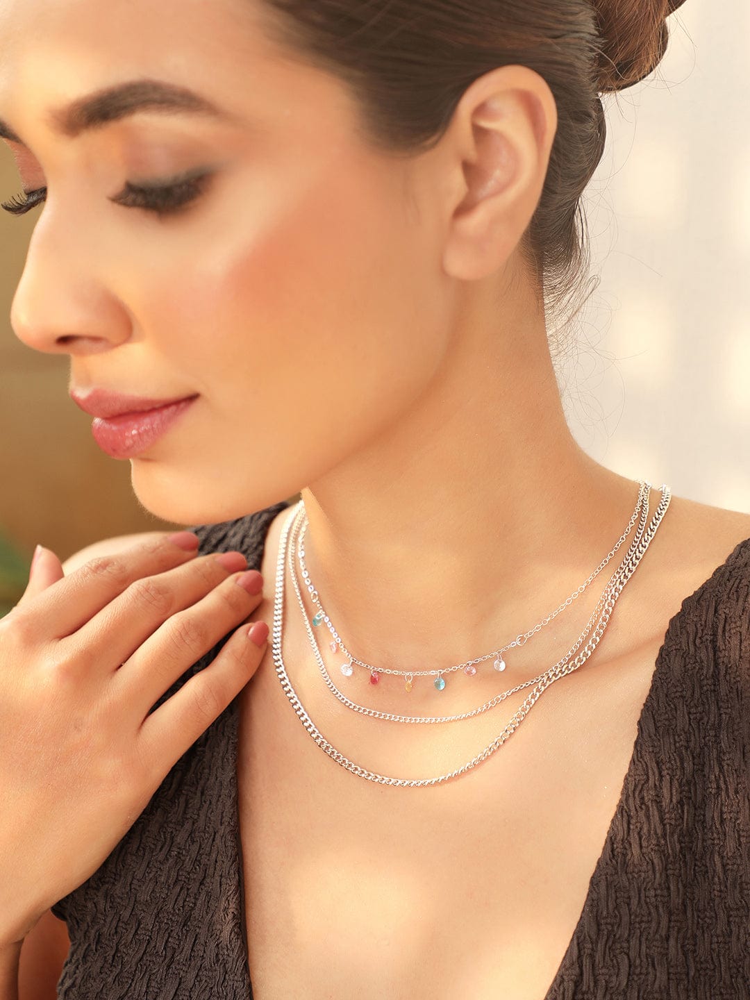 Rubans Rhodium-Plated Multicolor Crystal Charms Link Multi-Layered Necklace & Chains