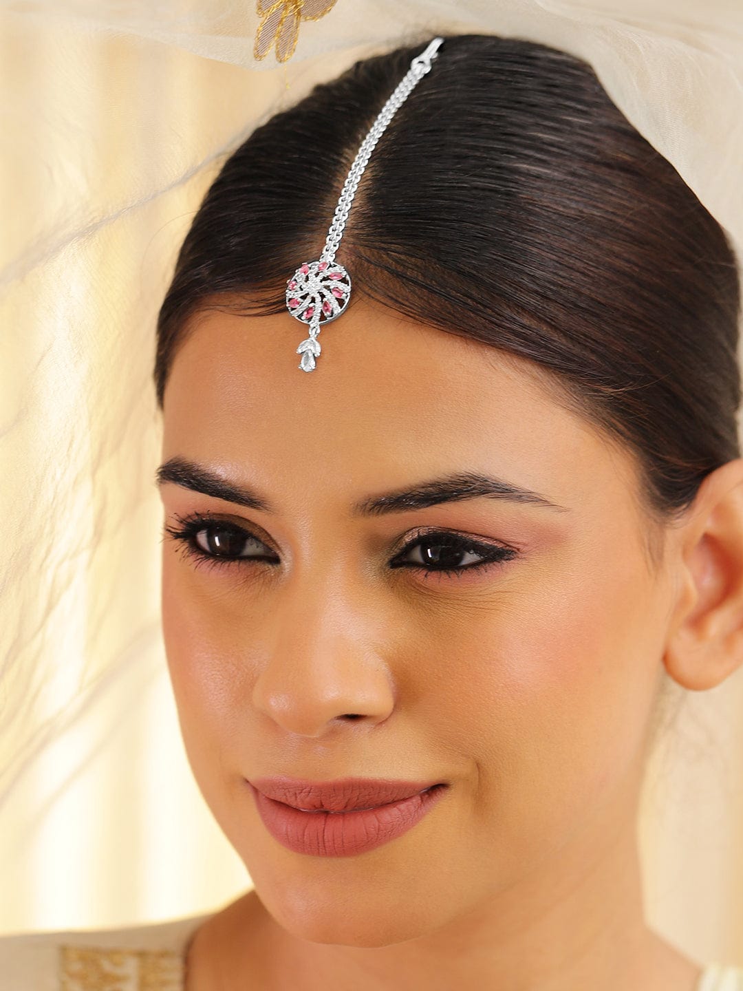 Rubans Rhodium-Plated Pink and White Cubic Zirconia Maang Tikka