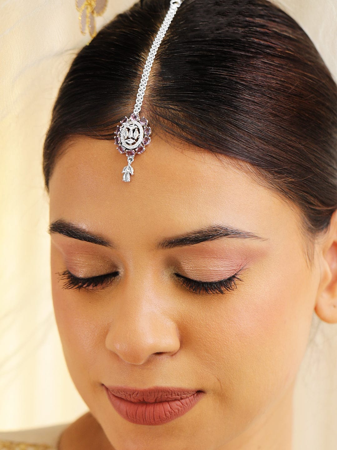 Rubans Rhodium-Plated Purple AD and White Cubic Zirconia Sones Embellished Maang Tikka