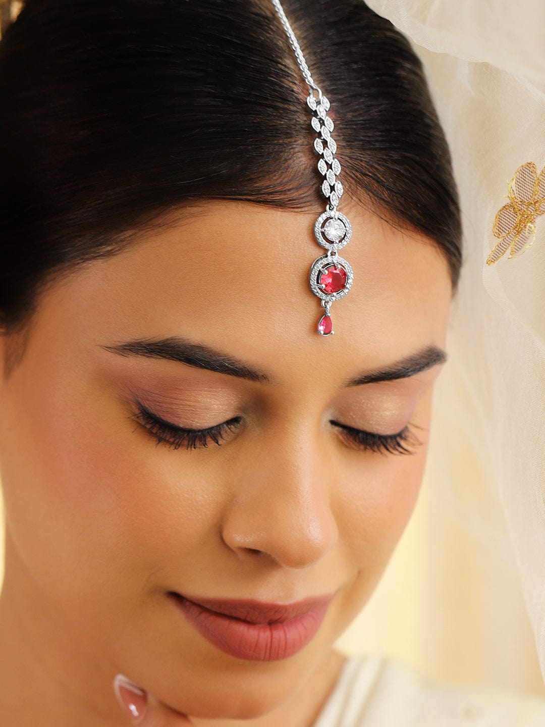 Rubans Rhodium Plated Red & White Cubic Zirconia Maang Tikka