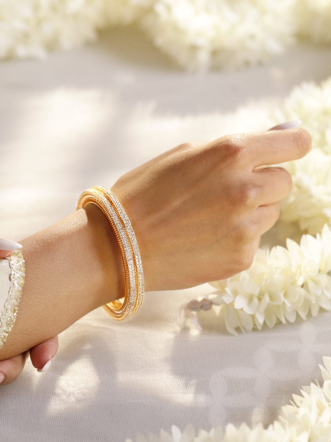 Rubans Set of 2, 22K Gold-Plated Cubic Zirconia Studded Sparkling Premium Bangles