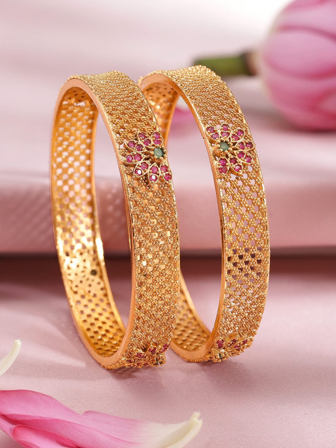 Rubans Set of 2 22K Gold Plated Ruby Pink & Emerald Green Stone Studded Bangles