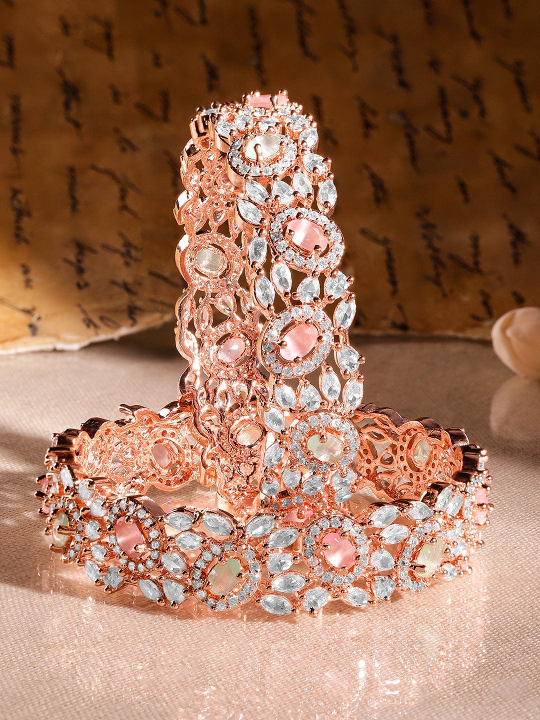 Rubans Set of 2 22K Rose Gold-Plated Pastel Pink, Blue & White Cubic Zirconia Studded Premium Bangles