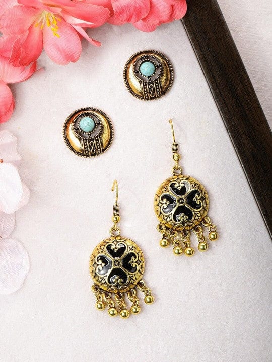 Rubans Set of 2 Gold-Toned & Black Classic Studs Earrings