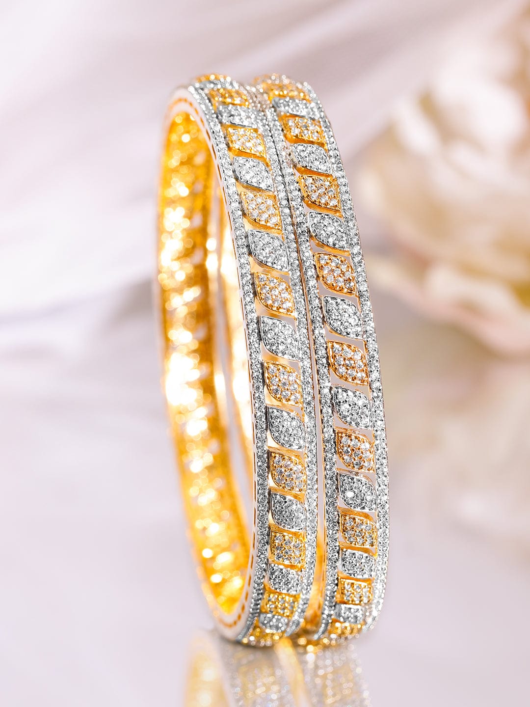 Rubans Set of 2 Rhodium & 18K Gold-Plated Cubic Zirconia Studded Bangles