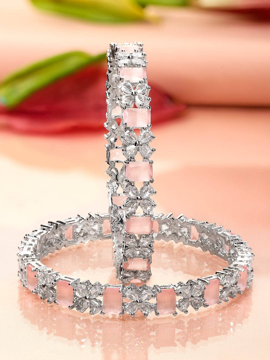 Rubans Set of 2 Rhodium-Plated Pastel Pink & White Cubic Zirconia Studded Bangles