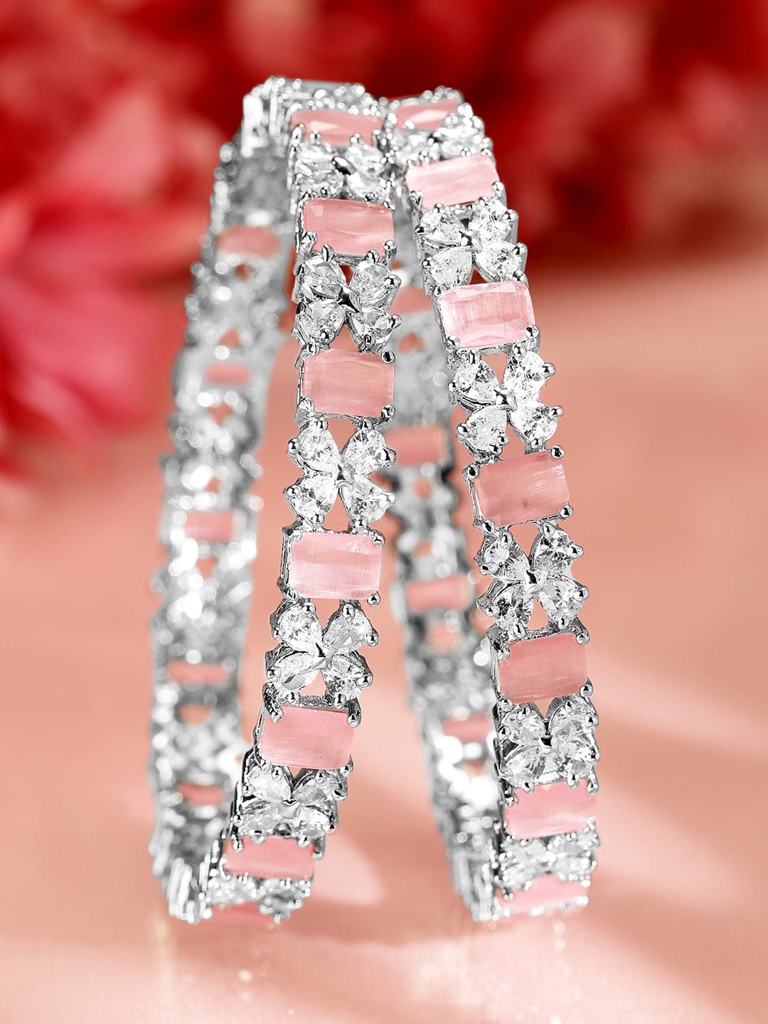Rubans Set of 2 Rhodium-Plated Pastel Pink & White Cubic Zirconia Studded Bangles