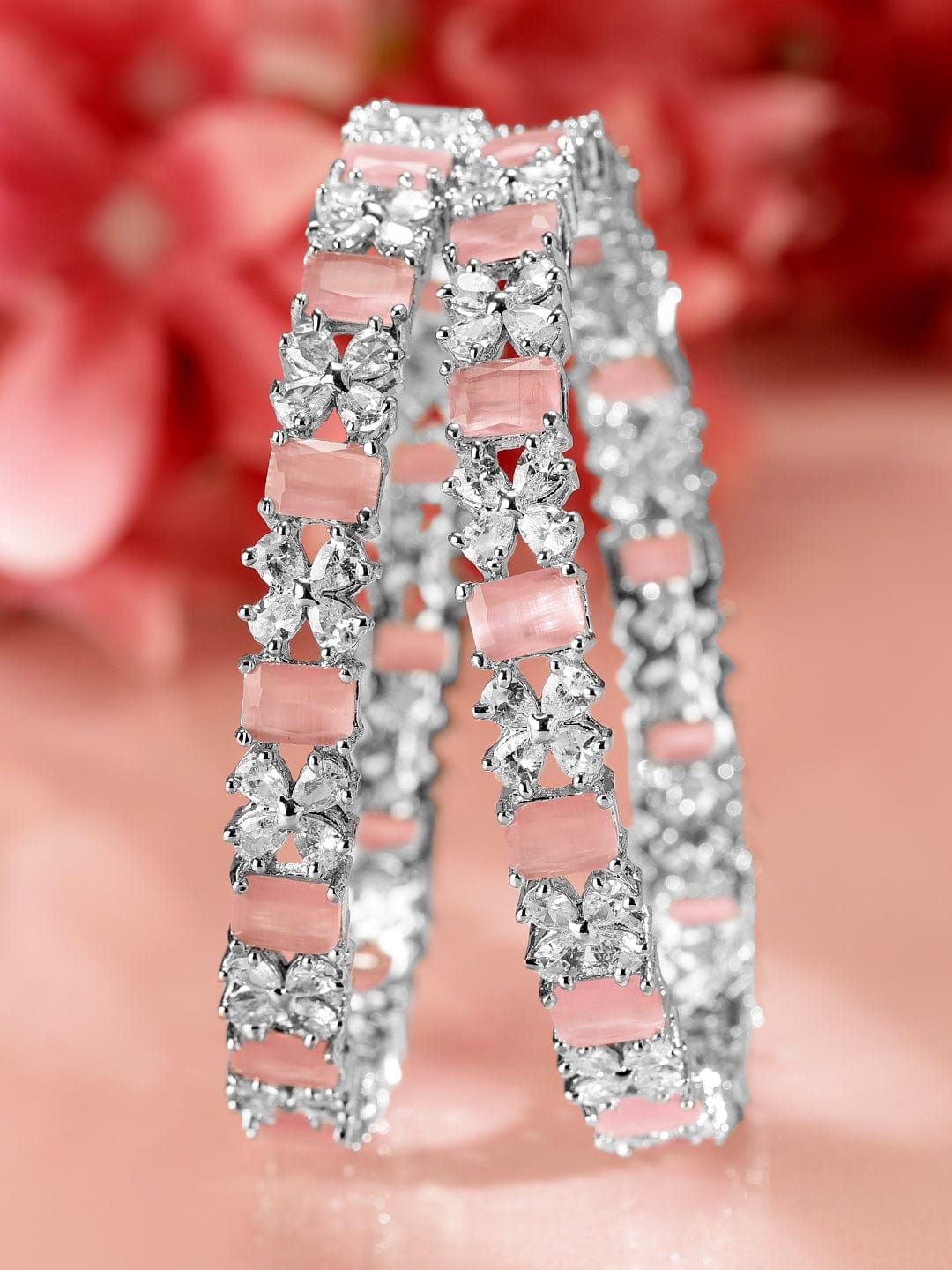 Rubans Set of 2 Rhodium-Plated Pastel Pink & White Cubic Zirconia Studded Bangles