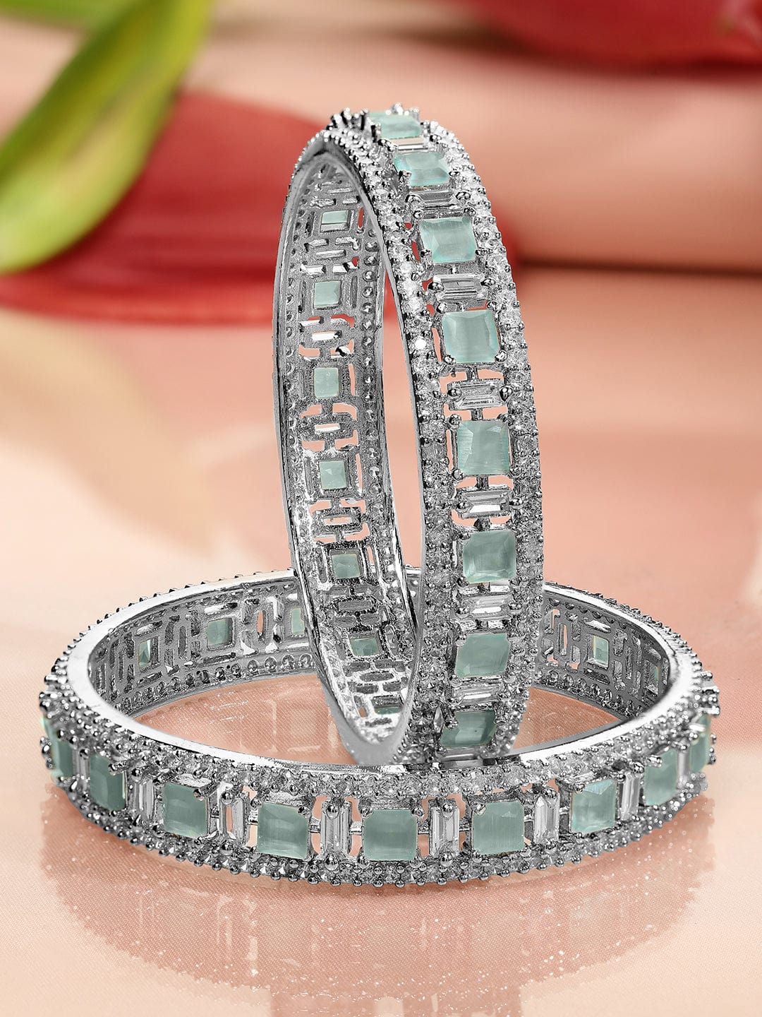 Rubans Set of 2 Silver-Plated Mint Green & White Cubic Zirconia Studded Premium Bangles