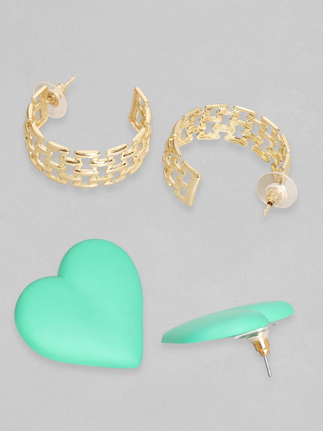 Rubans Voguish Set Of 2, Textured Gold & Green Heart Earrings