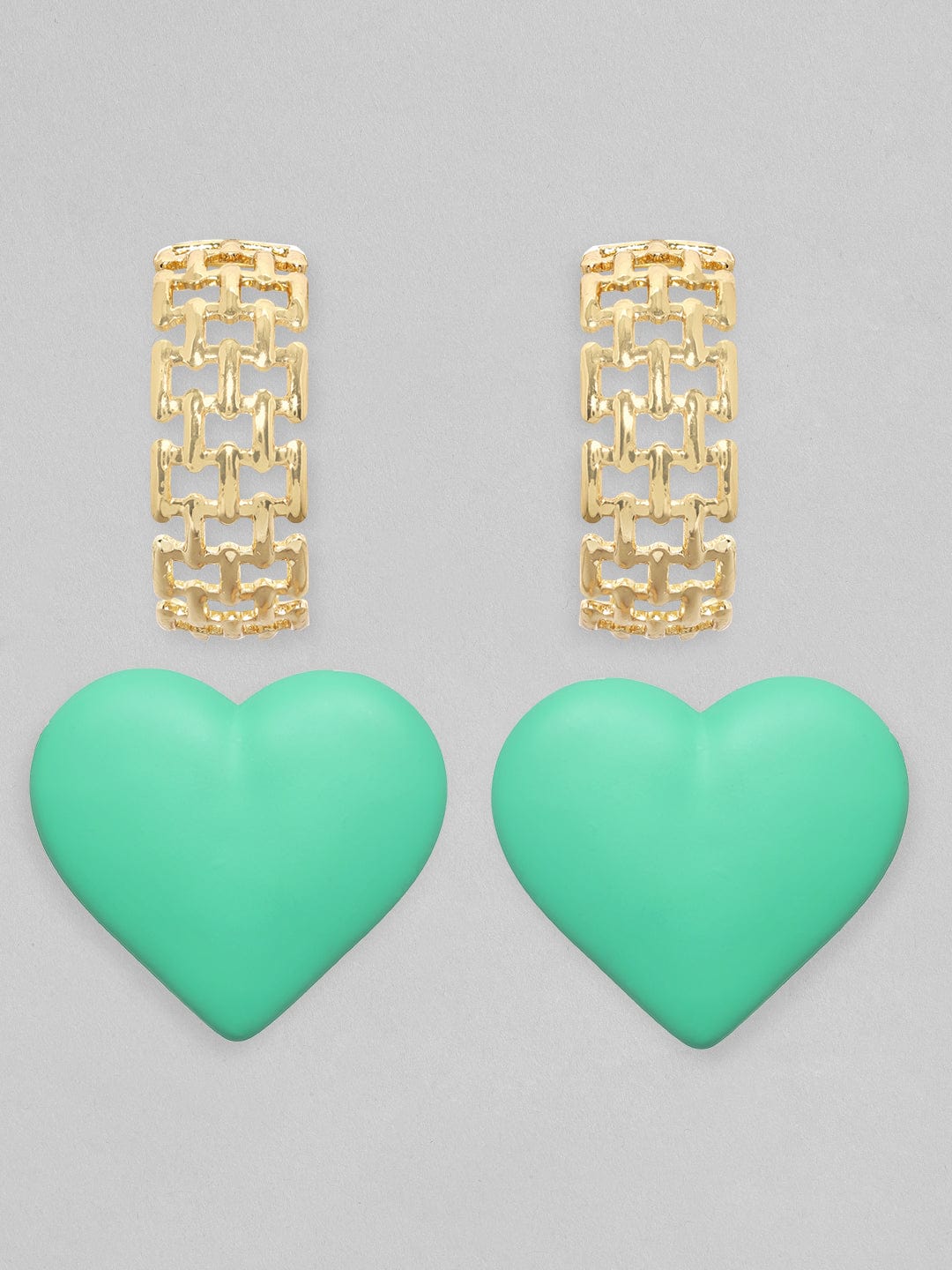 Rubans Voguish Set Of 2, Textured Gold & Green Heart Earrings