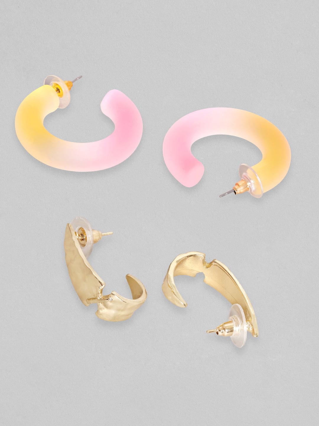 Rubans Voguish Set Of 2, Textured Gold & Transparent Hoop Earrings