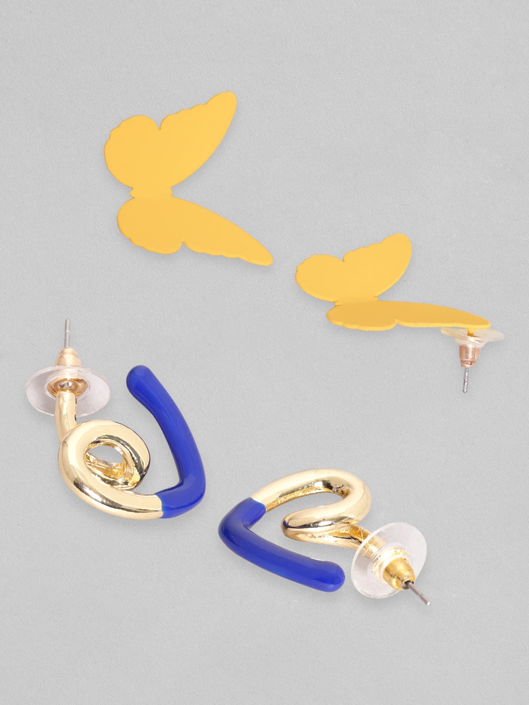 Rubans Set Of 2, Yellow Butterfly Stud & Heart shaped Blue Enamel Hoop Earring