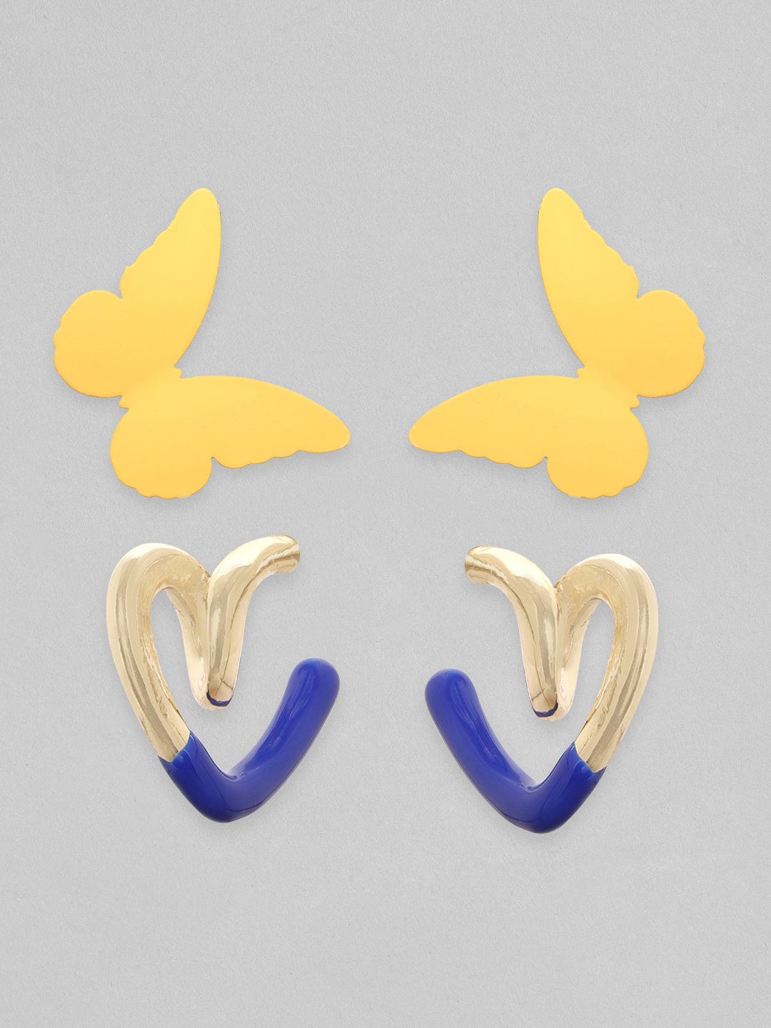 Rubans Set Of 2, Yellow Butterfly Stud & Heart shaped Blue Enamel Hoop Earring