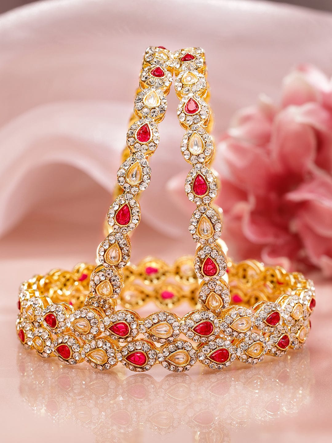 Rubans Set of 4 18K Mehandi Gold-Plated Ruby Pink & White Kundan Studded Designer Bangles