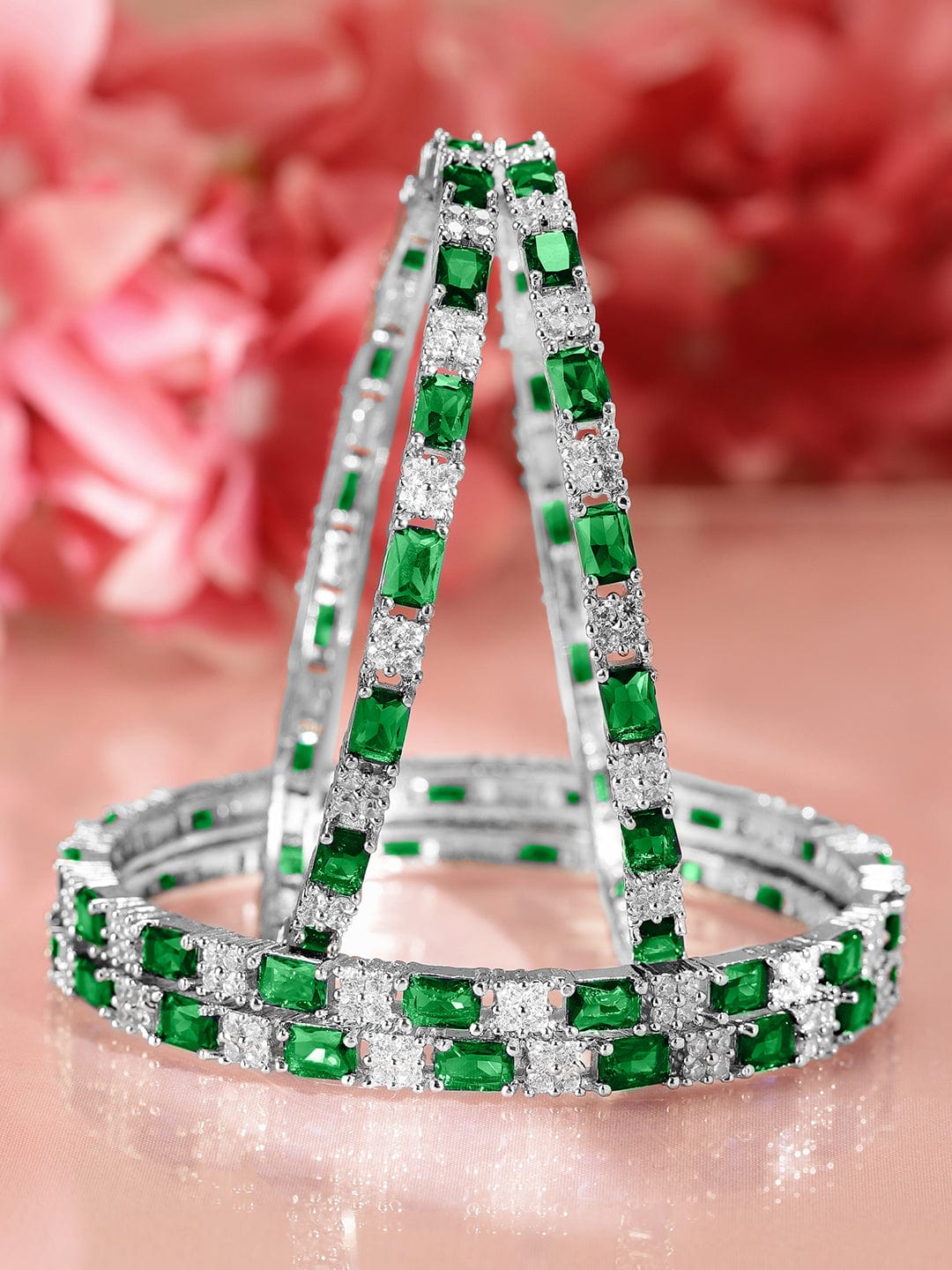 Rubans Set of 4 Rhodium-Plated Emerald Green & White Cubic Zirconia Studded Bangles