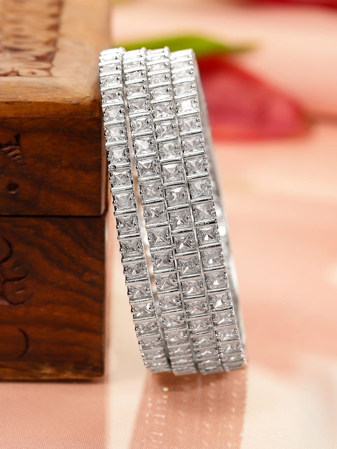 Set of 4 Silver-Toned Diamond Studded Bangles