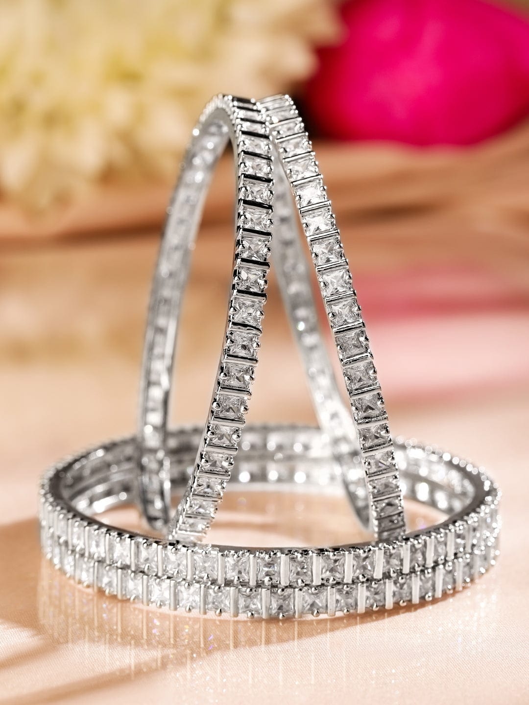 Set of 4 Silver-Toned Diamond Studded Bangles