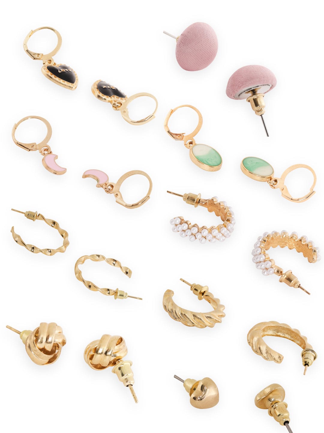 Rubans Set of 9, Gold Tone Enamel Detailed Pearl beaded Earrings