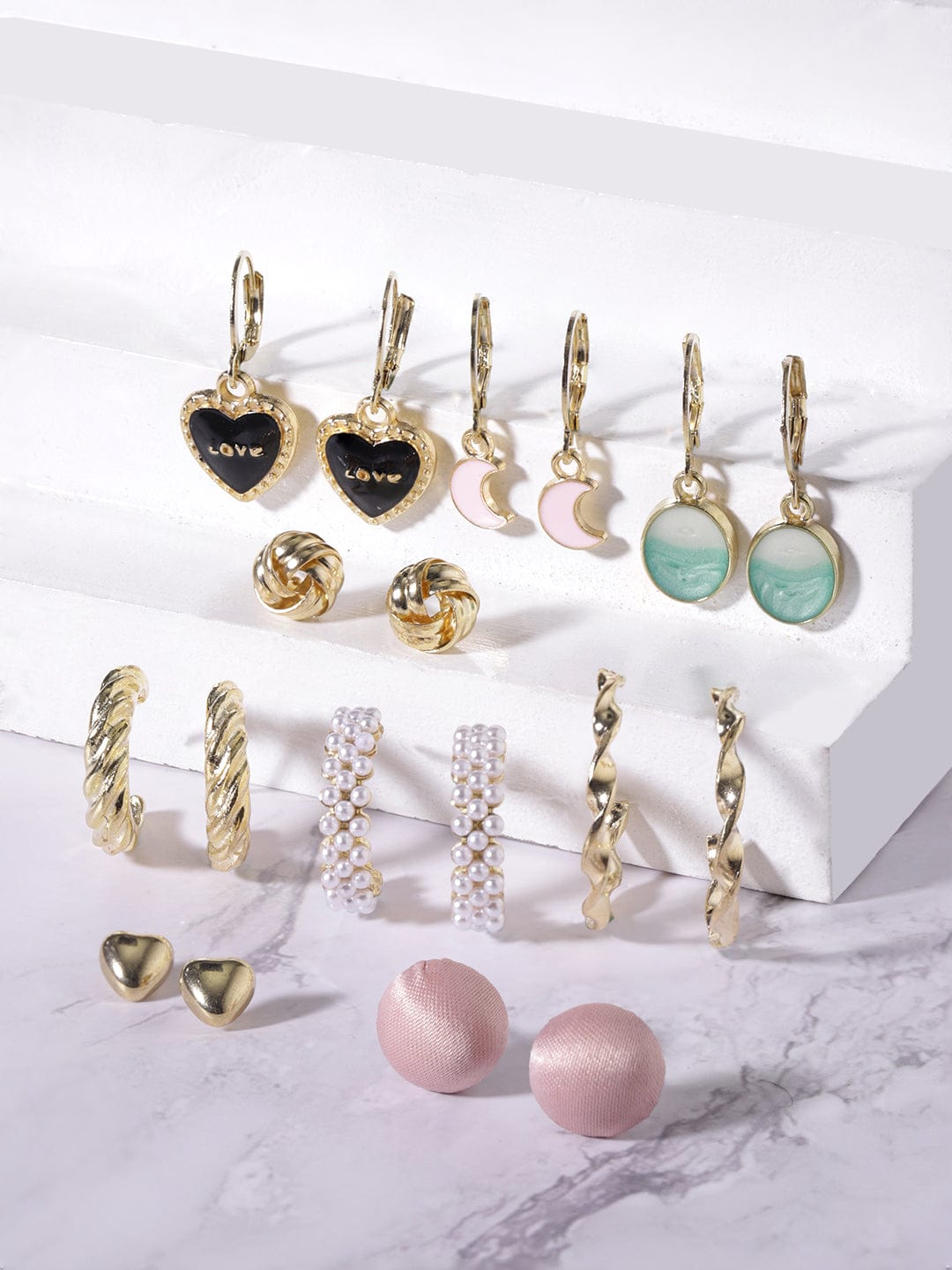 Rubans Set of 9, Gold Tone Enamel Detailed Pearl beaded Earrings