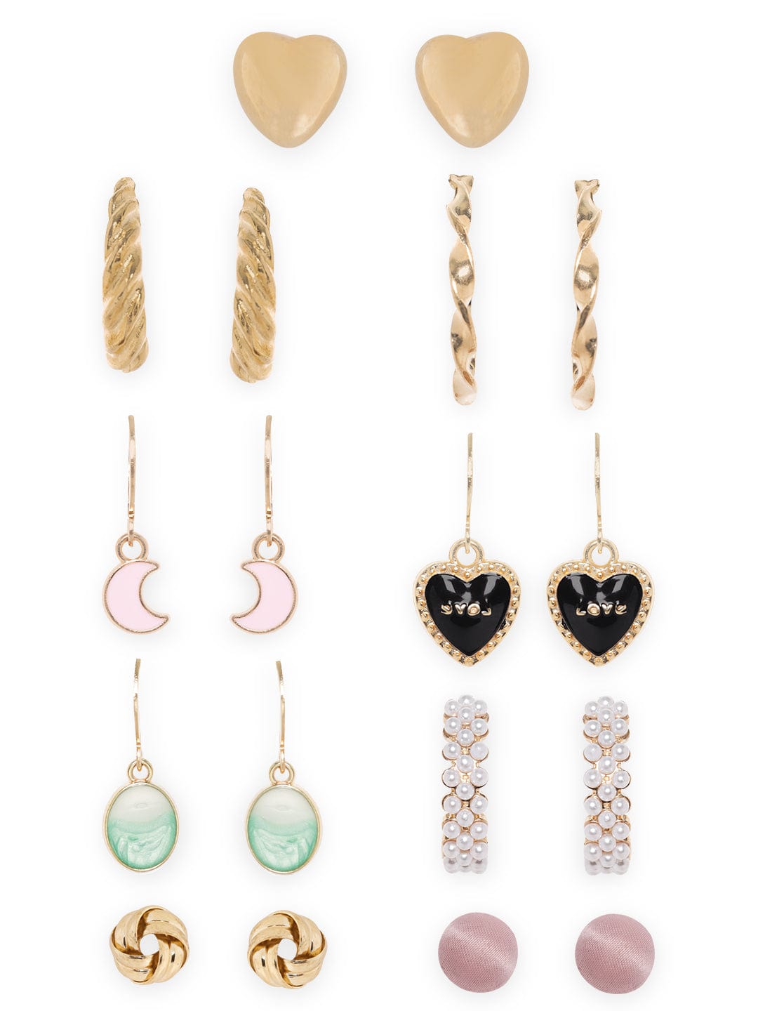 Rubans Set of 9, Gold Tone Enamel Detailed Pearl beaded Earrings