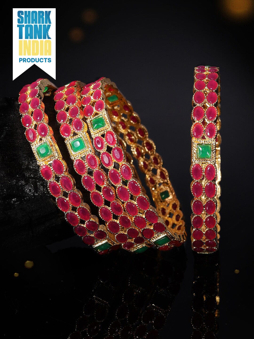 Rubans Set Of Two 22K Gold-Plated Pink & Green Stone-Studded Sustainable Handcrafted Bangles