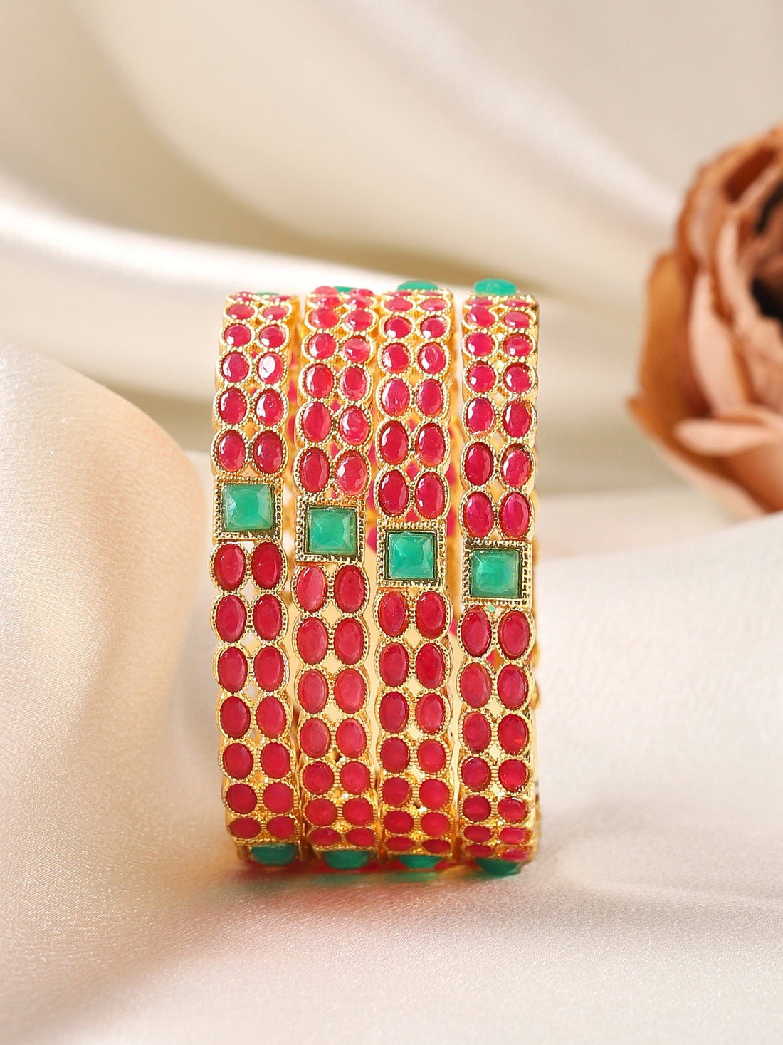 Rubans Set Of Two 22K Gold-Plated Pink & Green Stone-Studded Sustainable Handcrafted Bangles
