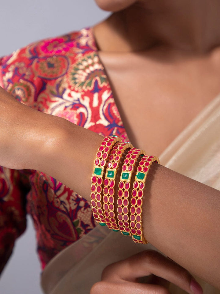 Rubans Set Of Two 22K Gold-Plated Pink & Green Stone-Studded Sustainable Handcrafted Bangles