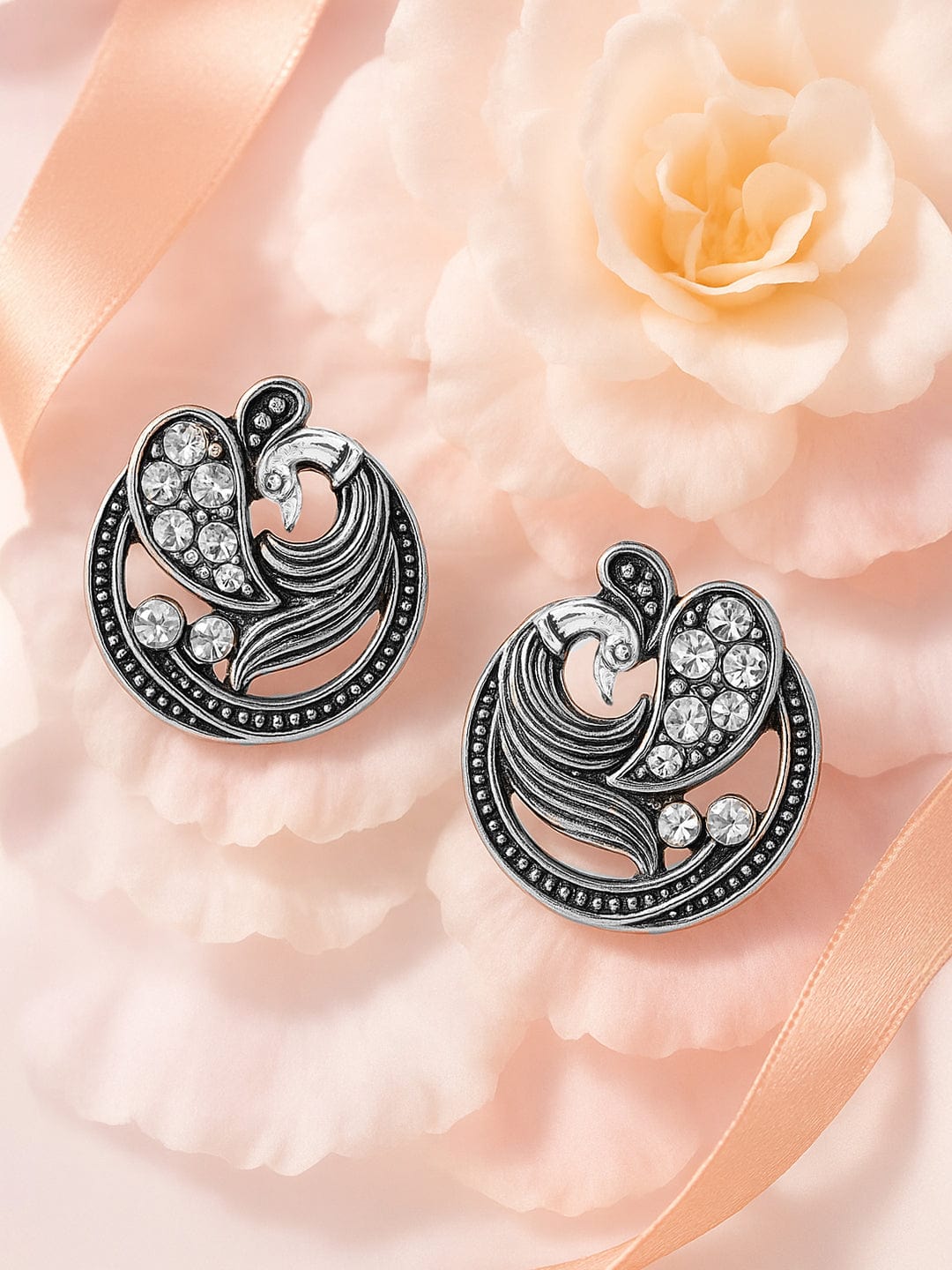 Rubans Silver-Plated American Diamond Studded Peacock Shaped Studs Earrings