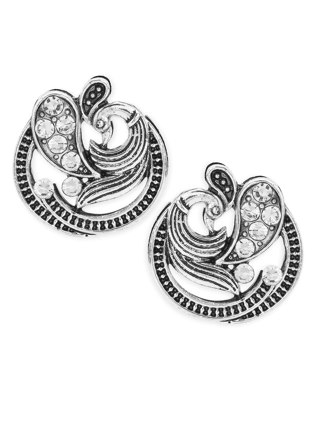 Rubans Silver-Plated American Diamond Studded Peacock Shaped Studs Earrings