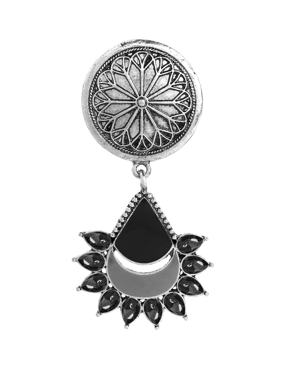 Rubans Silver-Plated  Black Geometric Drop Earrings