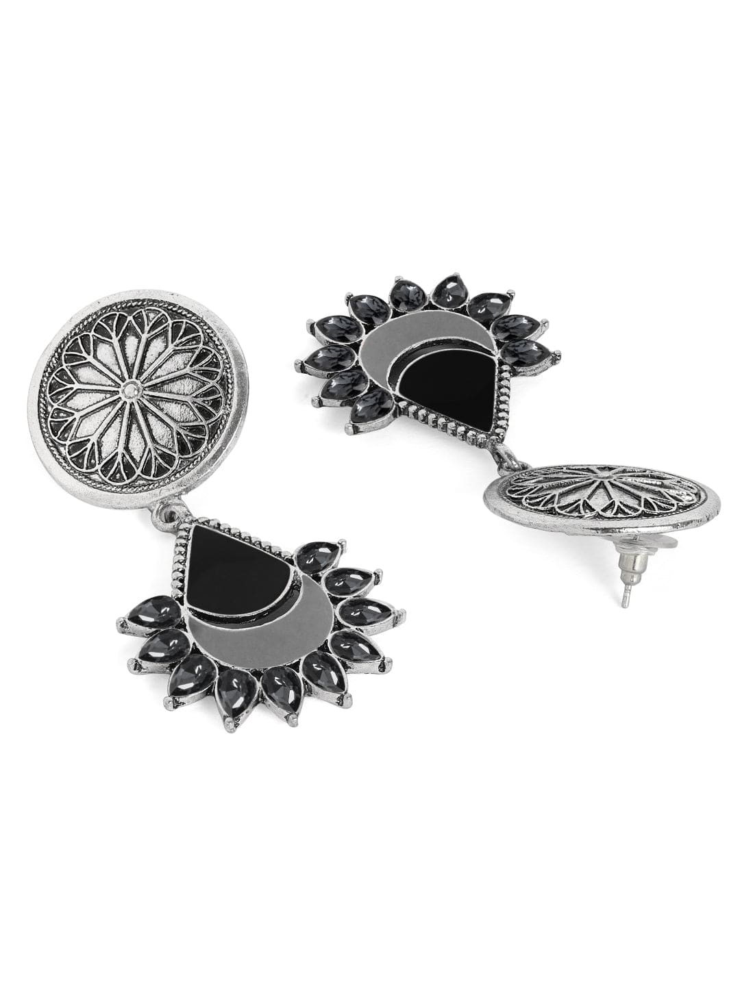 Rubans Silver-Plated  Black Geometric Drop Earrings