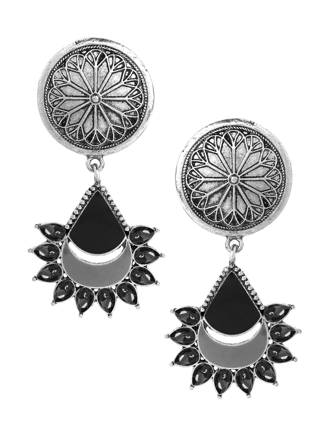 Rubans Silver-Plated  Black Geometric Drop Earrings