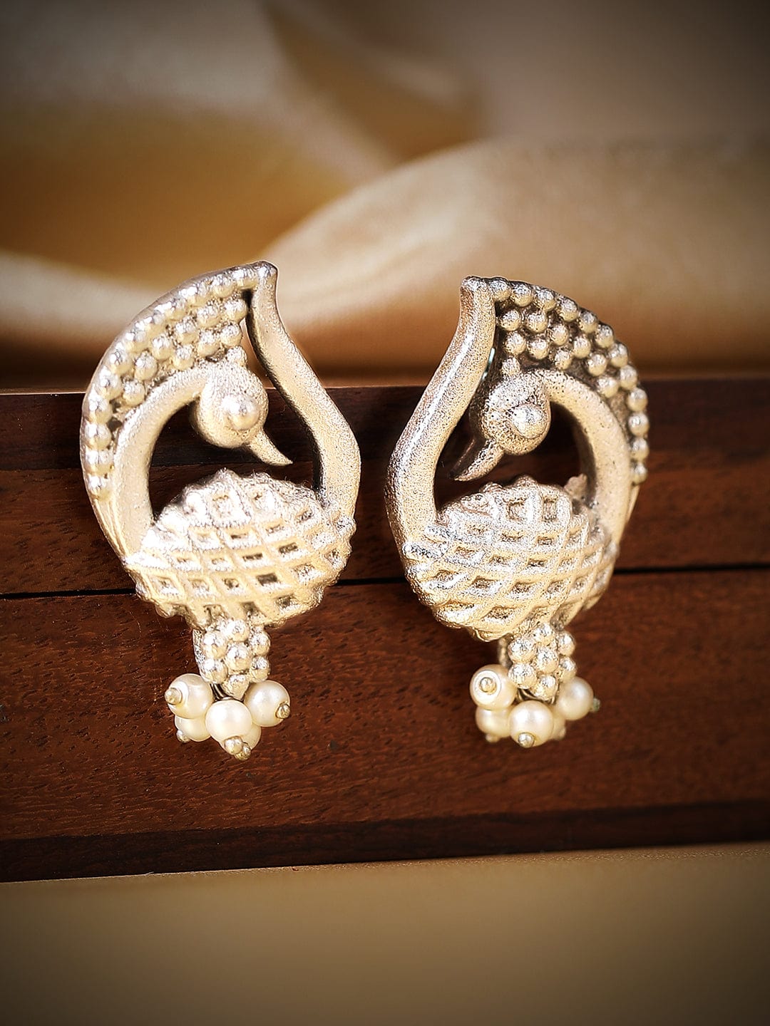 Rubans Silver Plated Earrings With Handcrafted Peacock Design And Silver Beads