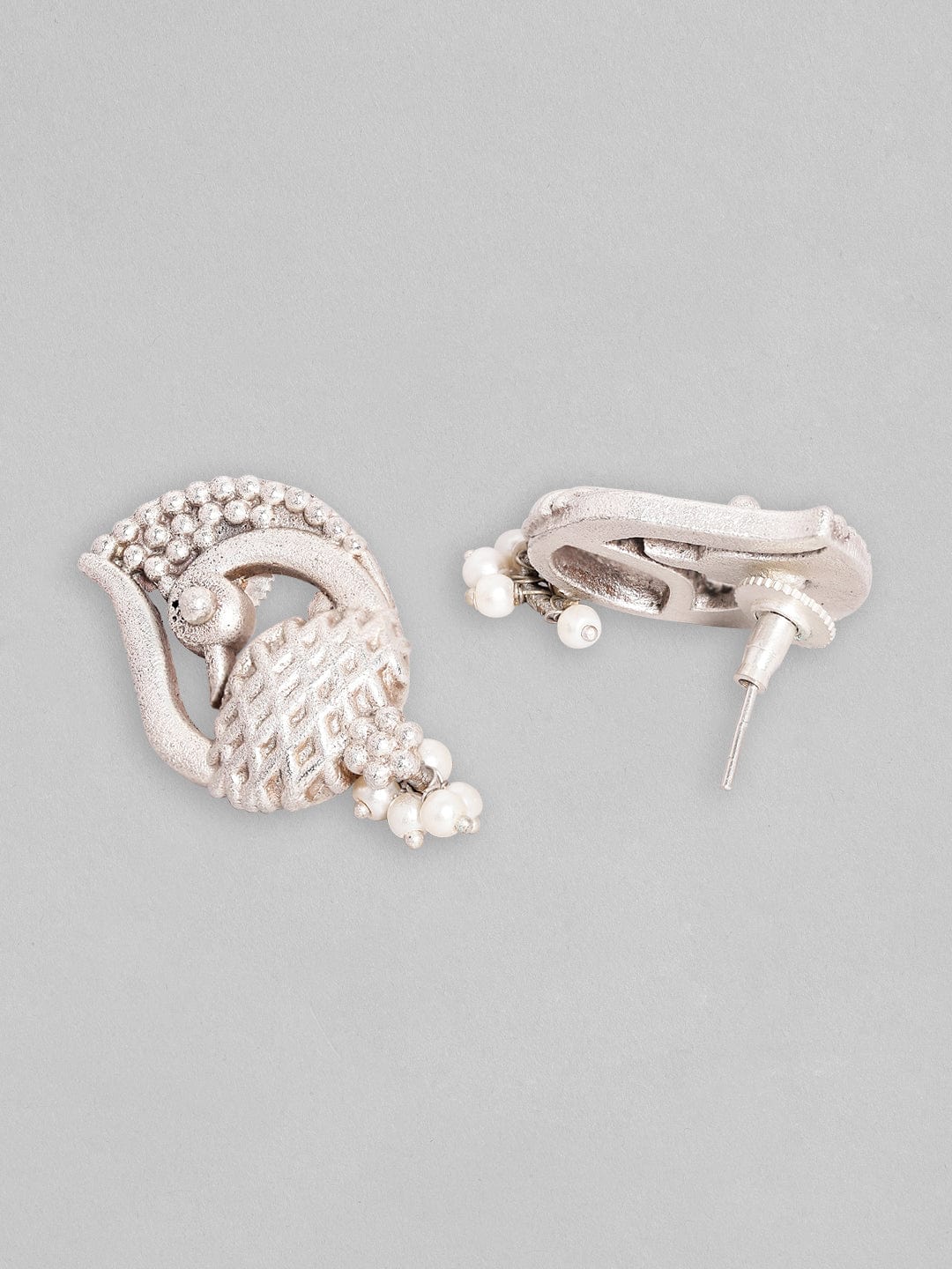 Rubans Silver Plated Earrings With Handcrafted Peacock Design And Silver Beads