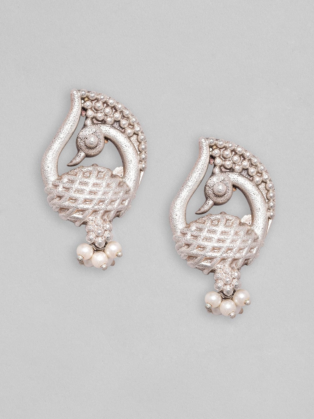 Rubans Silver Plated Earrings With Handcrafted Peacock Design And Silver Beads