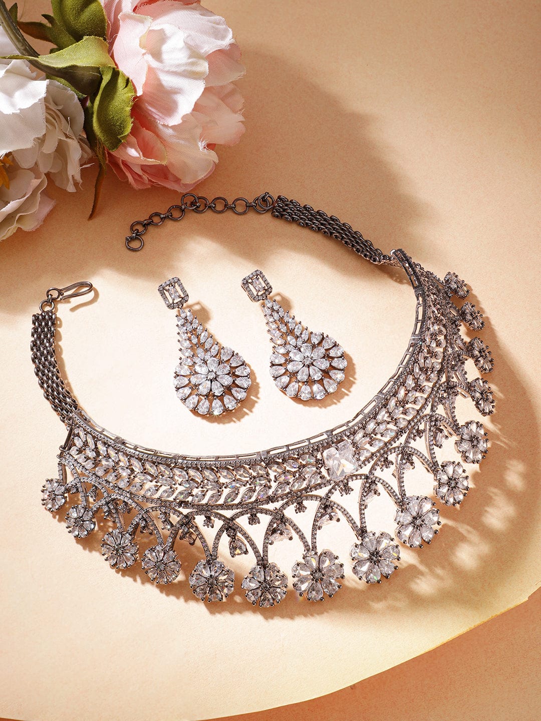 Rubans Silver-Plated Floral Design with AAA Cubic Zirconia Studded Luxury Premium Jewellery Set