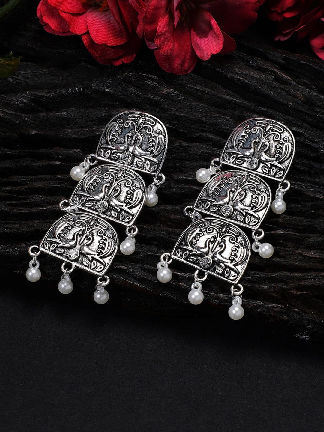 Rubans Silver-Plated Peacock Shaped Drop Earrings
