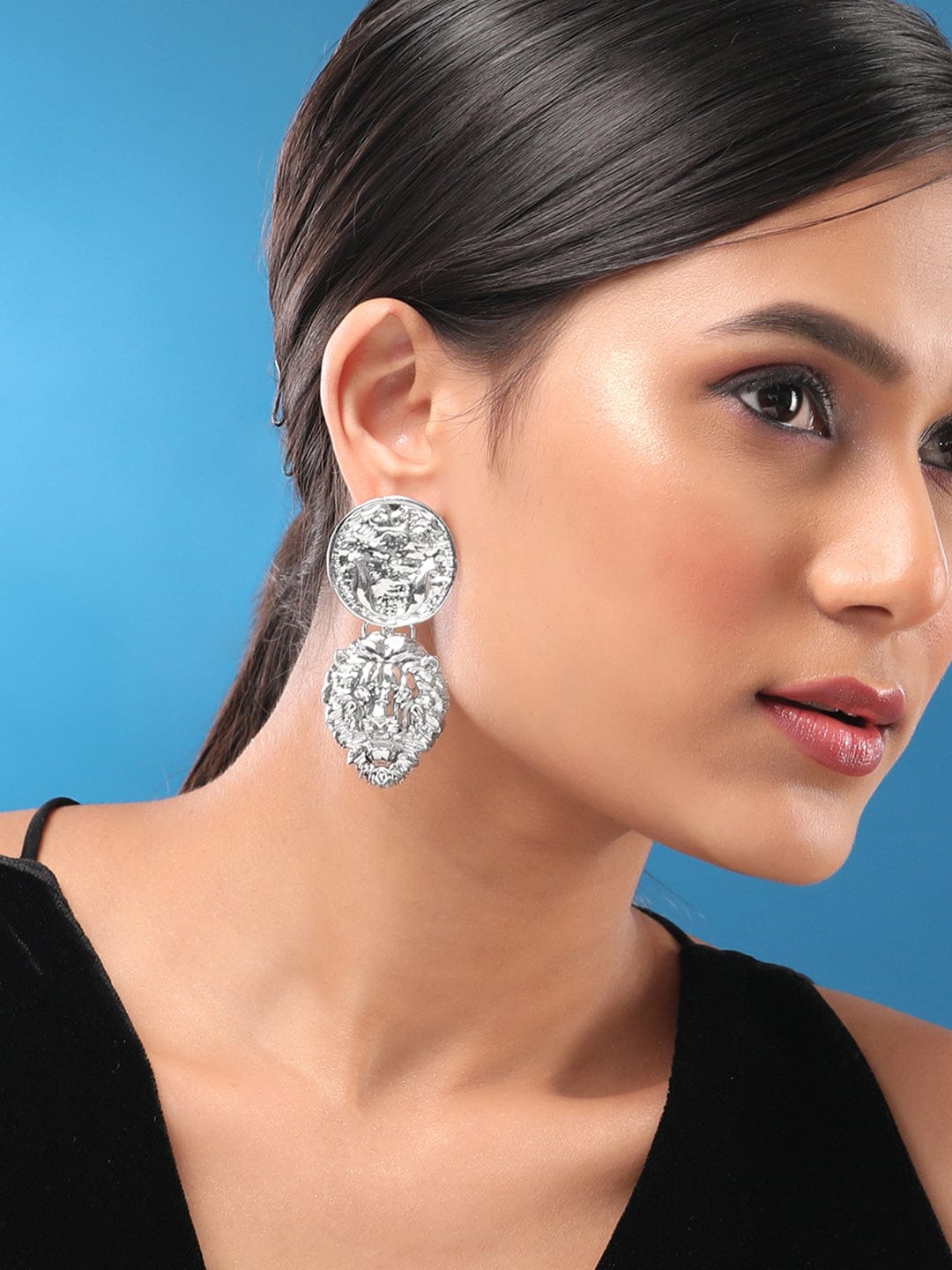 Rubans Silver Toned Coin & Lion Statement Dangle Earrings