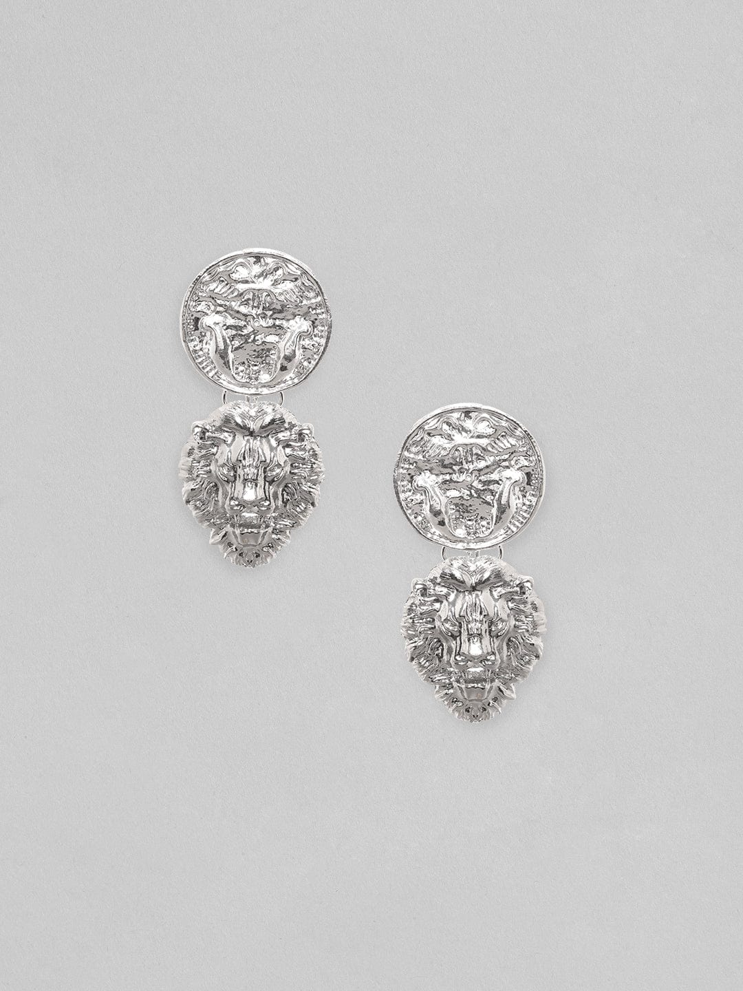 Rubans Silver Toned Coin & Lion Statement Dangle Earrings