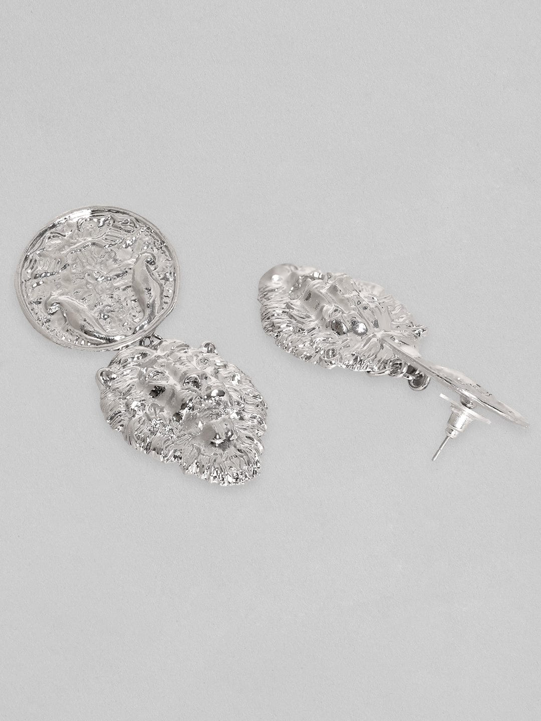 Rubans Silver Toned Coin & Lion Statement Dangle Earrings