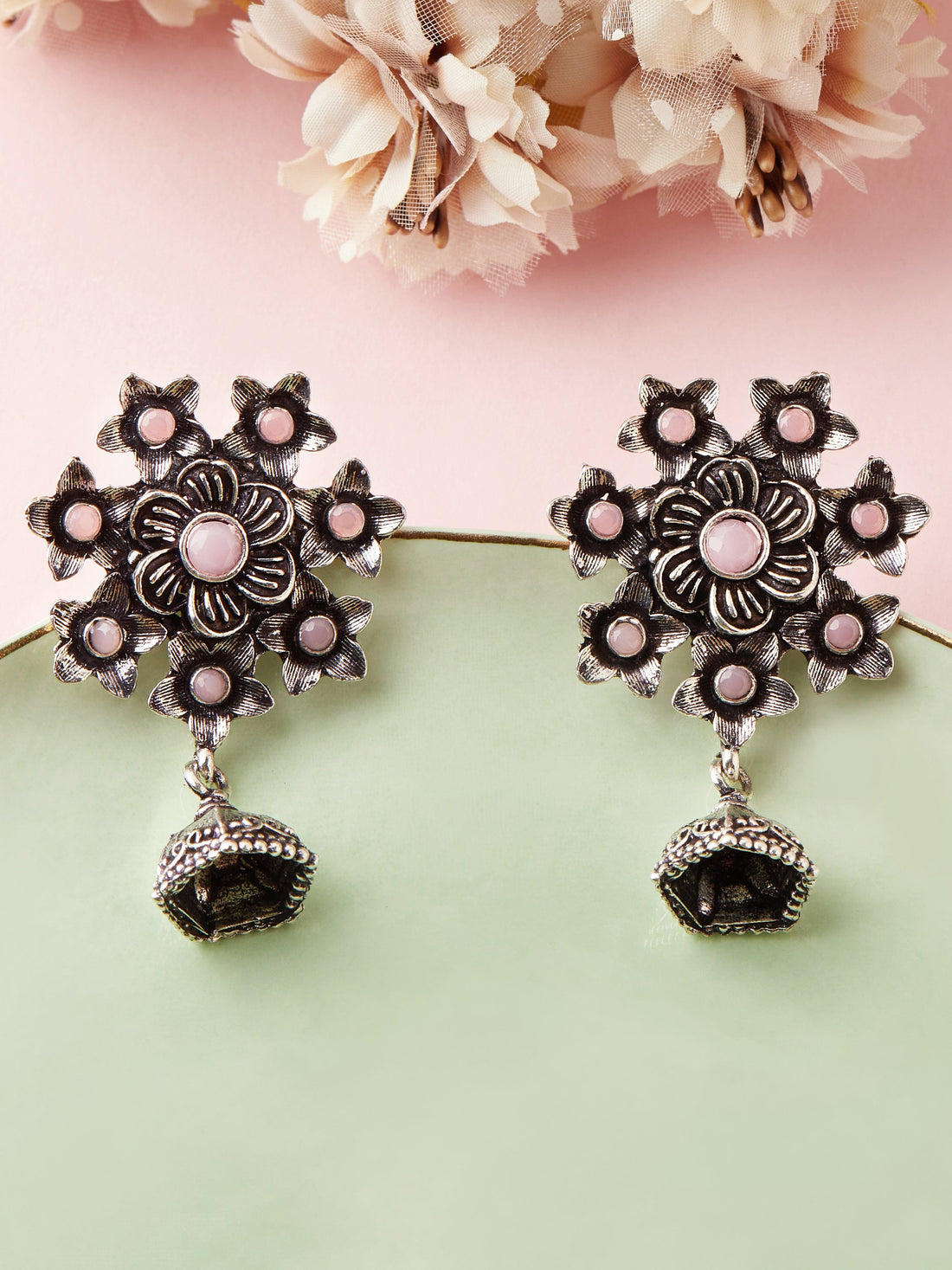 Rubans Silver-Toned & Purple Dome Shaped Jhumkas Earrings
