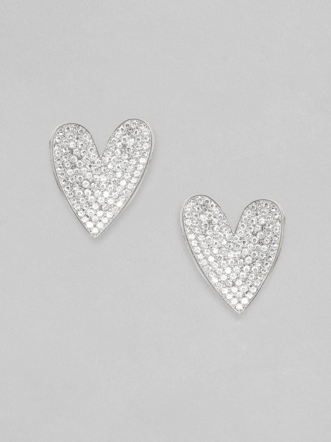 Rubans Silver Toned White Zircons Studded Heart Stud Earring