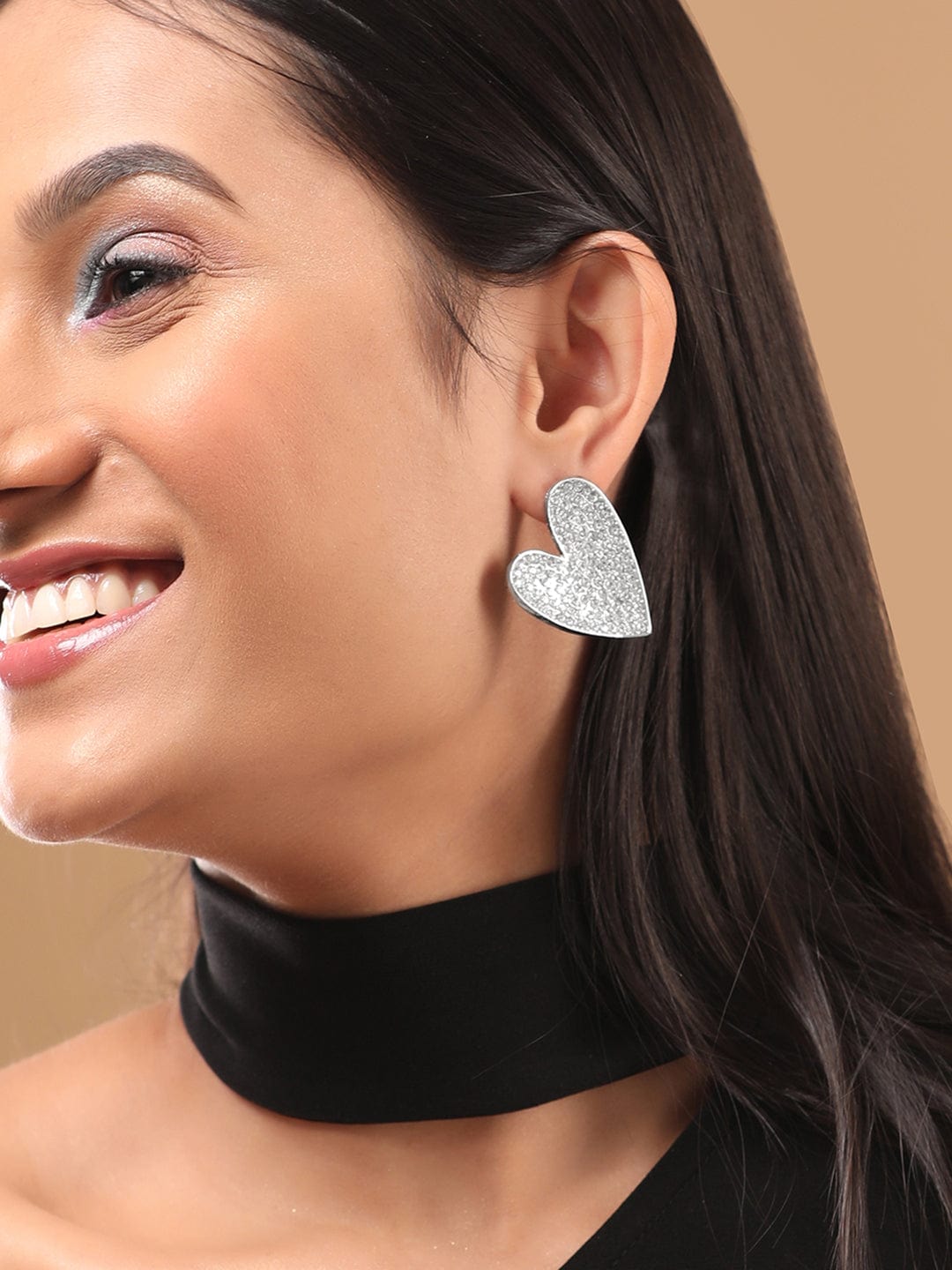 Rubans Silver Toned White Zircons Studded Heart Stud Earring