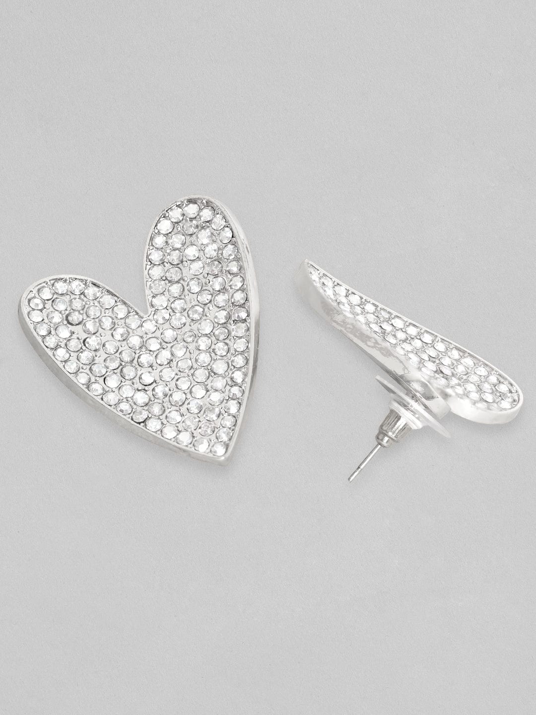 Rubans Silver Toned White Zircons Studded Heart Stud Earring