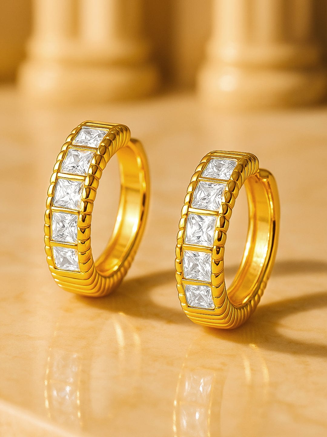 Rubans Voguish 18K Gold Plated Stainless Steel Waterproof Huggie Hoop Earring With Zircons.