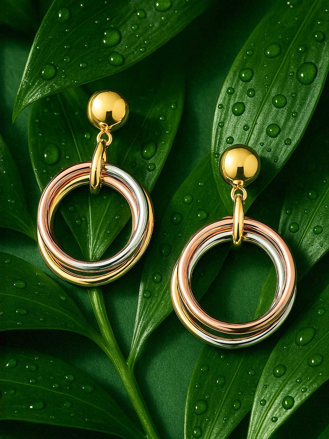 Rubans Voguish 18K Gold Plated Triple-Tone Hoop Earrings in Gold, Silver & Copper Circular Design