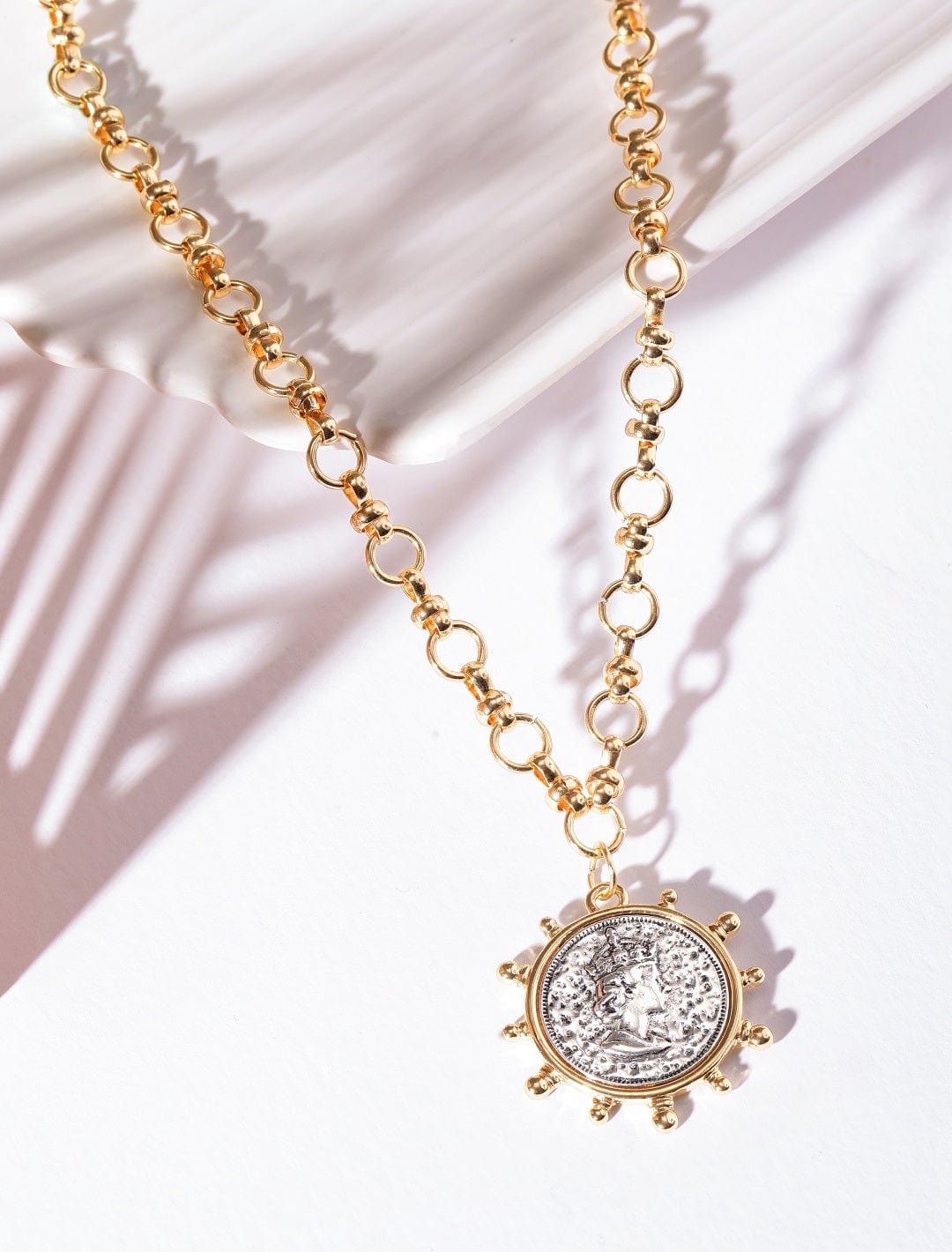 Rubans Voguish 22K Gold plated Link Chain Sunburst Charm Statement copper necklace