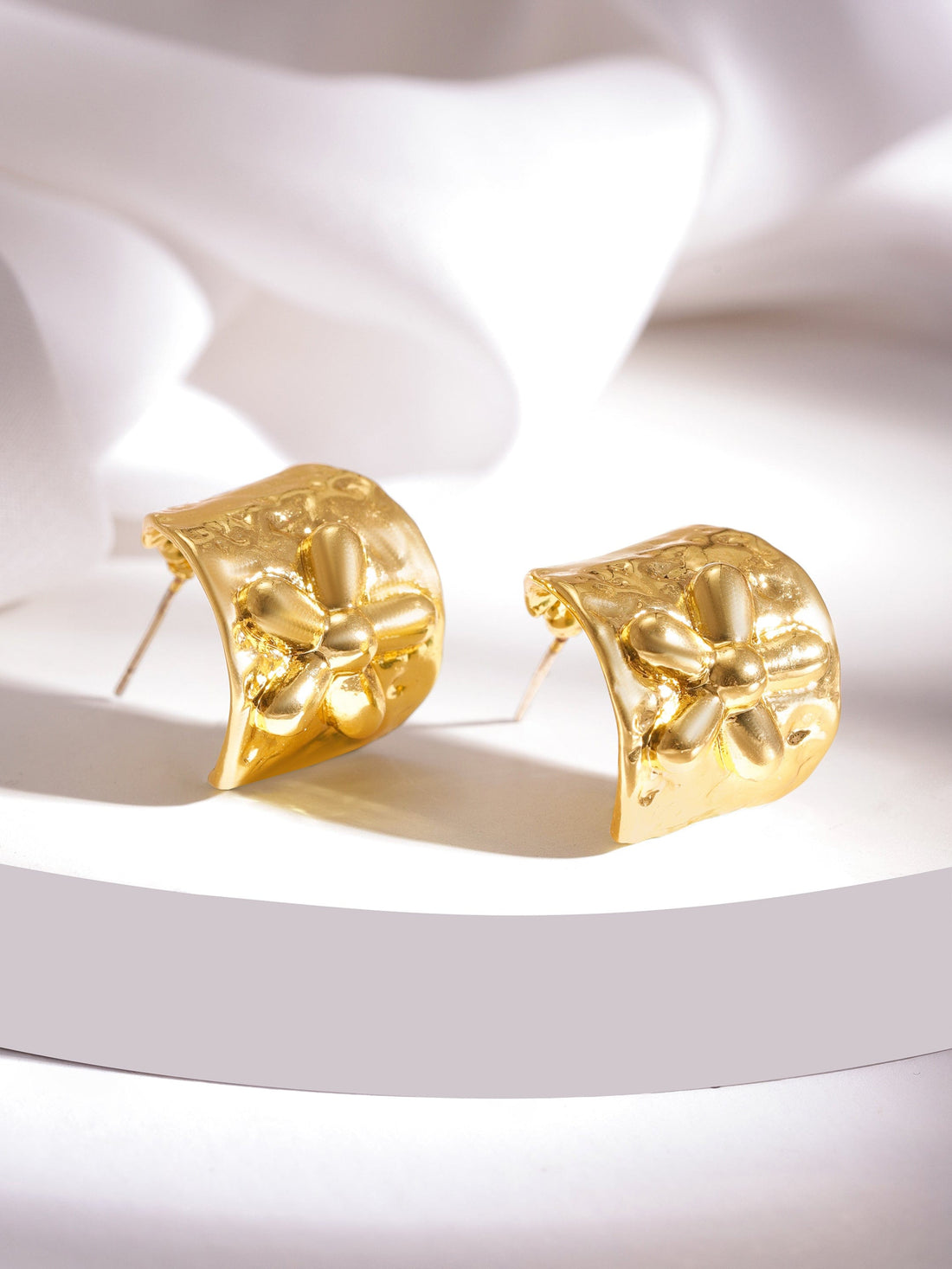RUBANS Voguish Gold-Plated Circular Floral Design Half Hoop Earrings